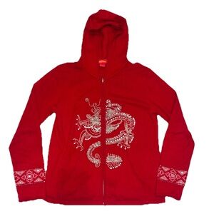 VTG Y2K Rare Shanghai Tang Red Silk Cashmere Embroidered Dragon Zip Sweater XL
